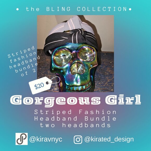 Gorgeous Girl Striped Top Knot Headband bundle Two headbands one Gray one Black - Picture 2 of 3